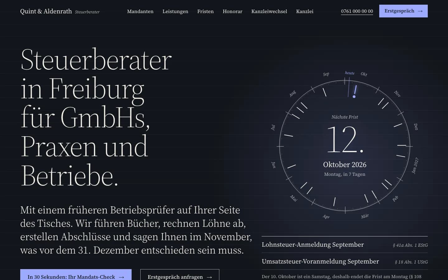 Startseite von Quint & Aldenrath, eine Website für eine Steuerkanzlei in Freiburg, Bildschirmfoto am Desktop