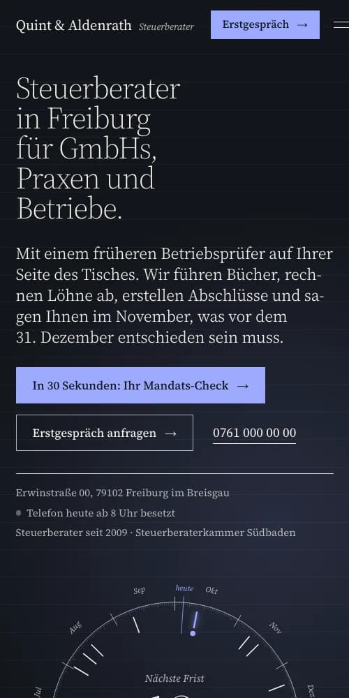 Startseite von Quint & Aldenrath, eine Website für eine Steuerkanzlei in Freiburg, Bildschirmfoto auf dem Handy
